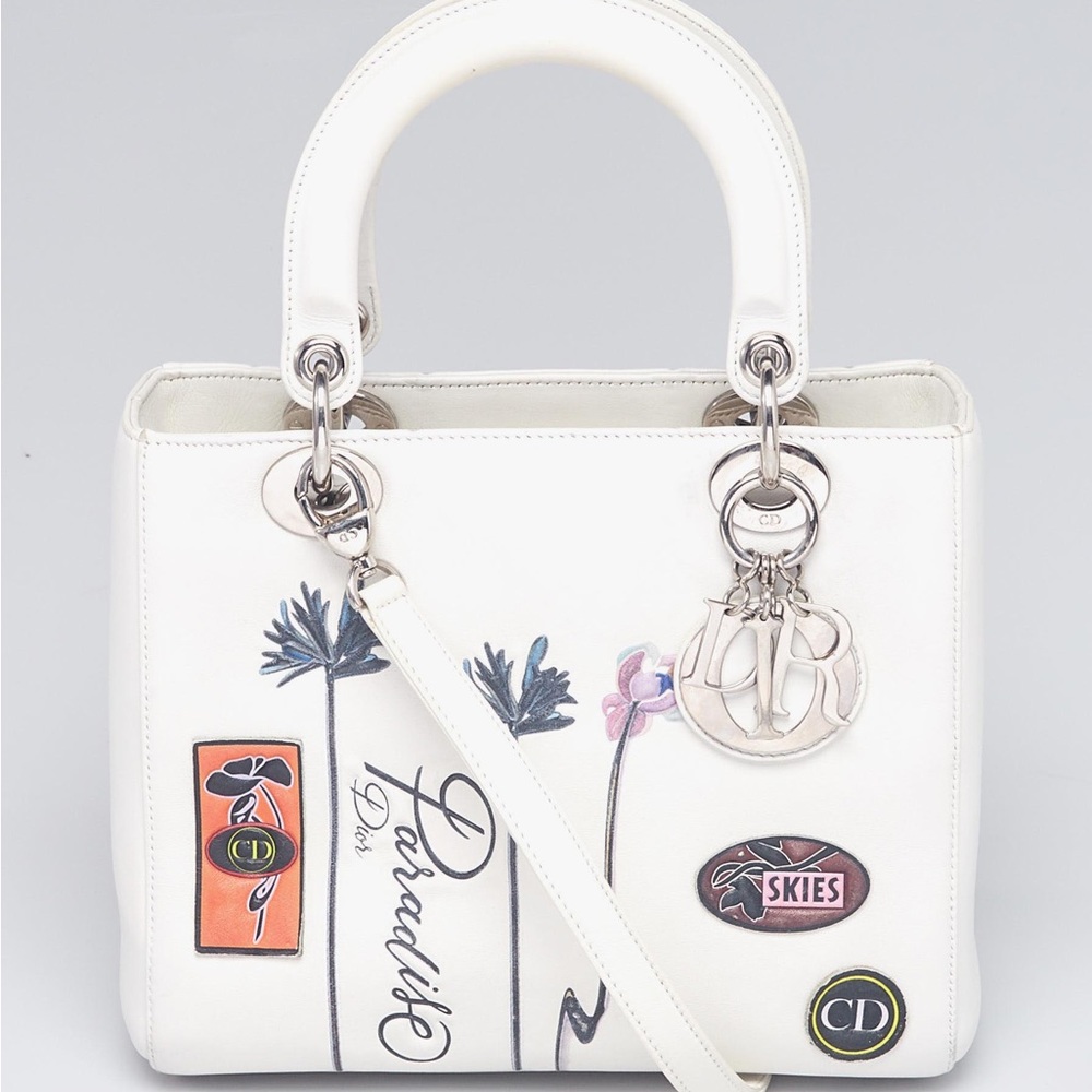 CHRISTIAN DIOR White Embossed Calfskin Leather Paradise Medium Lady Dior Bag